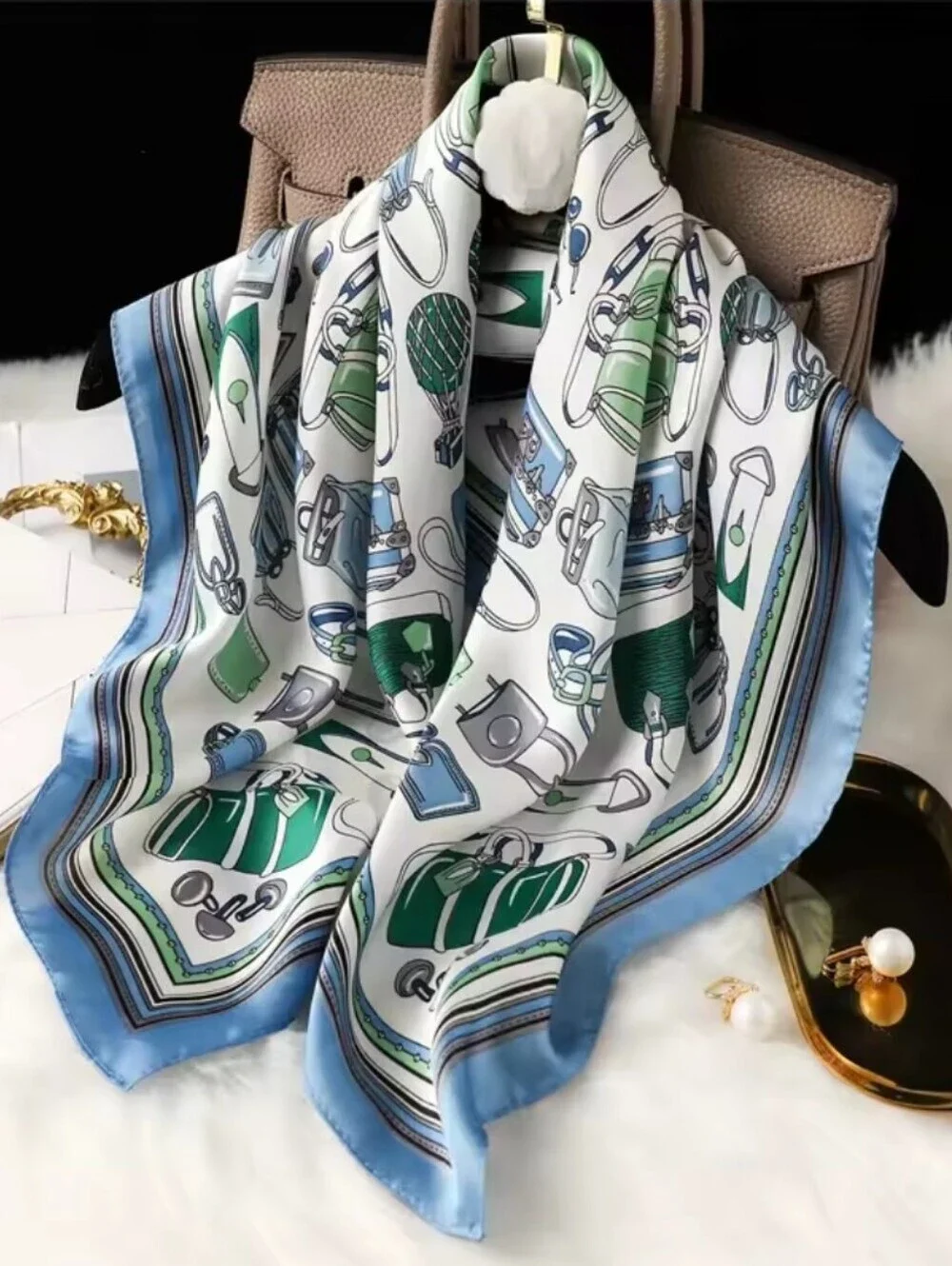 Silk-feel  Blue & Green Women Scarf , Head Scarf , Neck Scarf